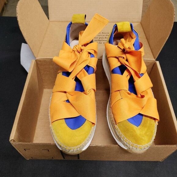 New Free People Chapmin Espadrille Ribbon Bow Sneakers 39 Blue Combo - Picture 2 of 7